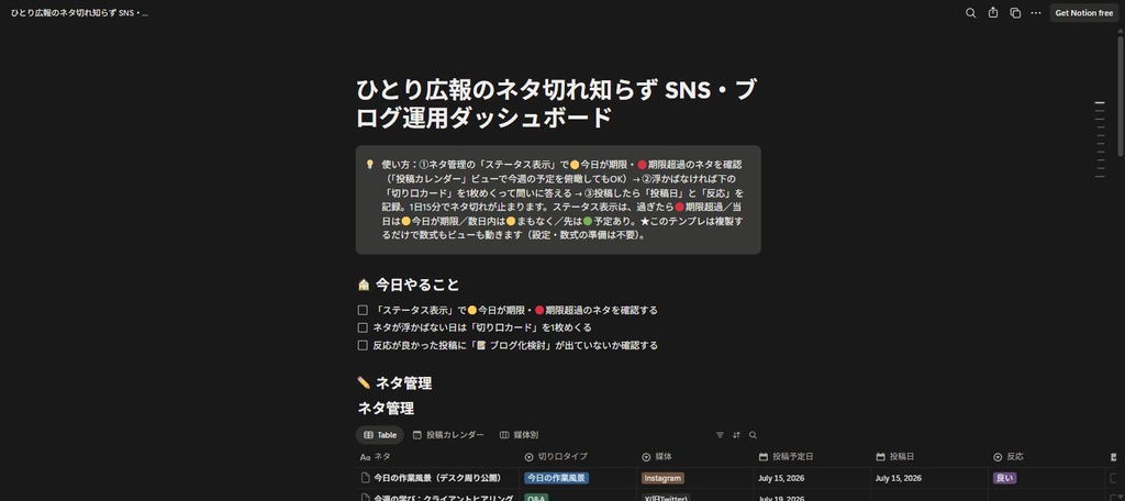 ひとり広報のネタ切れ知らず|SNS×ブログ運用ダッシュボード+切り口カード30枚(Notion複製リンク納品)