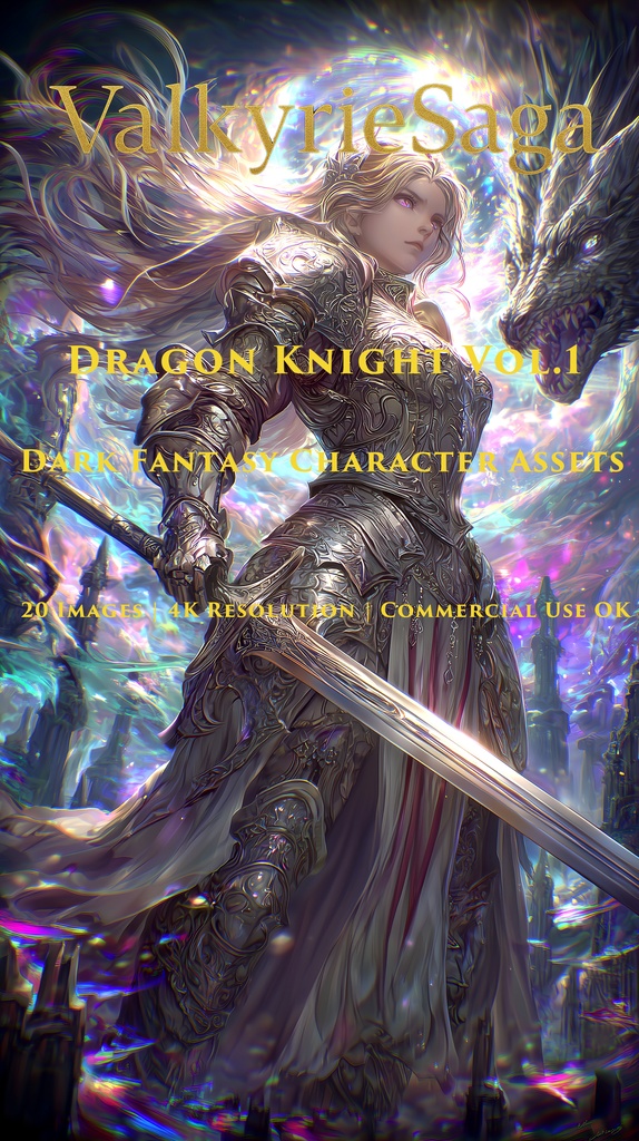 [ValkyrieSaga] Dragon Knight Vol.1 - Dark Fantasy Female Knight / ダークファンタジー女騎士・竜騎士イラスト素材集【20枚/4K/商用可】