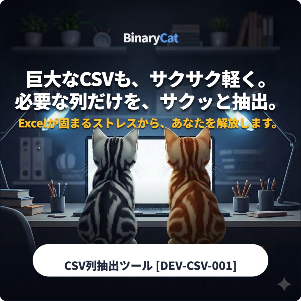 【無料体験版あり】重いCSVから必要な列だけ爆速抽出！ BinaryCat CSV Column Extractor [DEV-CSV-001]