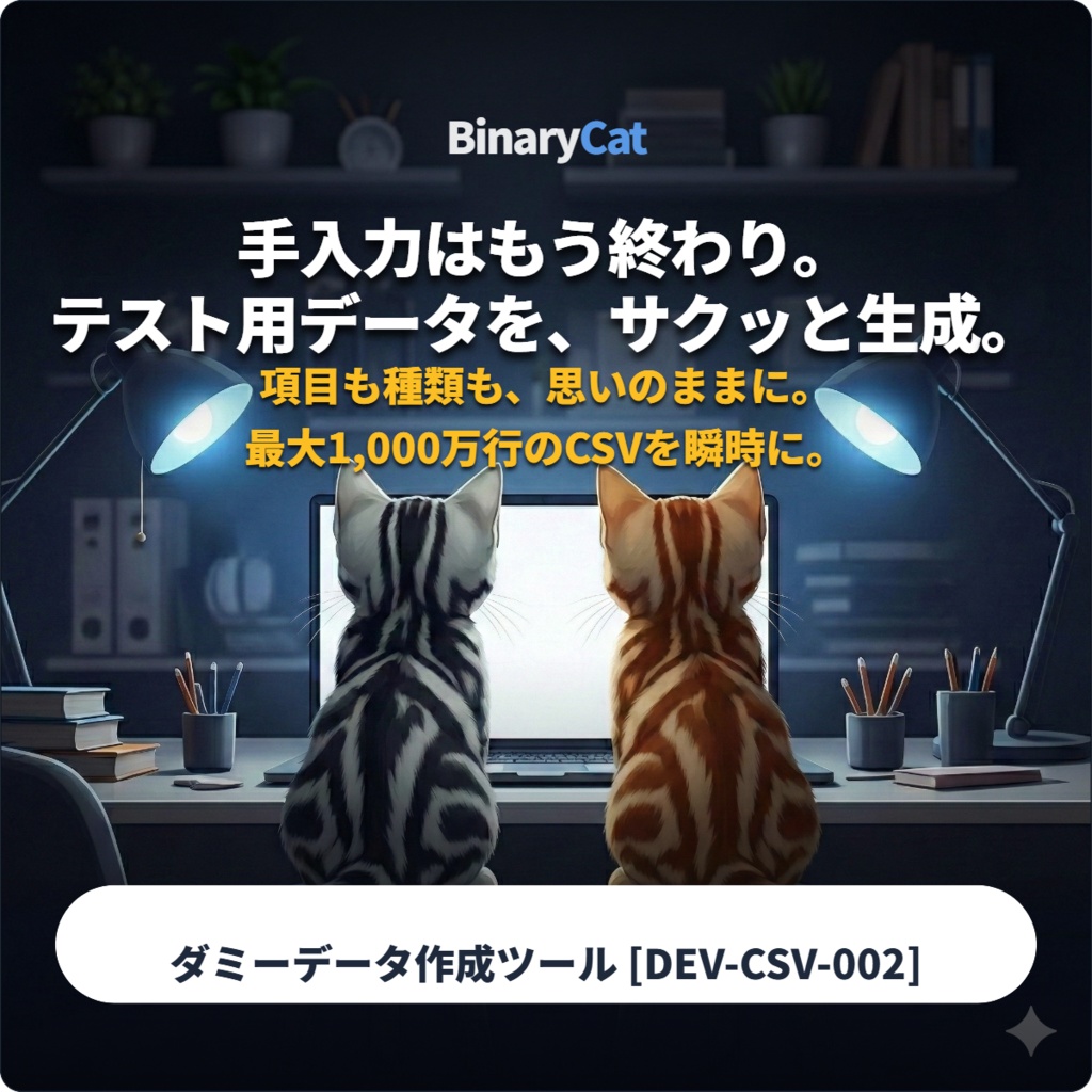 【無料体験版あり】テスト用ダミーデータを一瞬で大量生成！ BinaryCat CSV Generator [DEV-CSV-002]