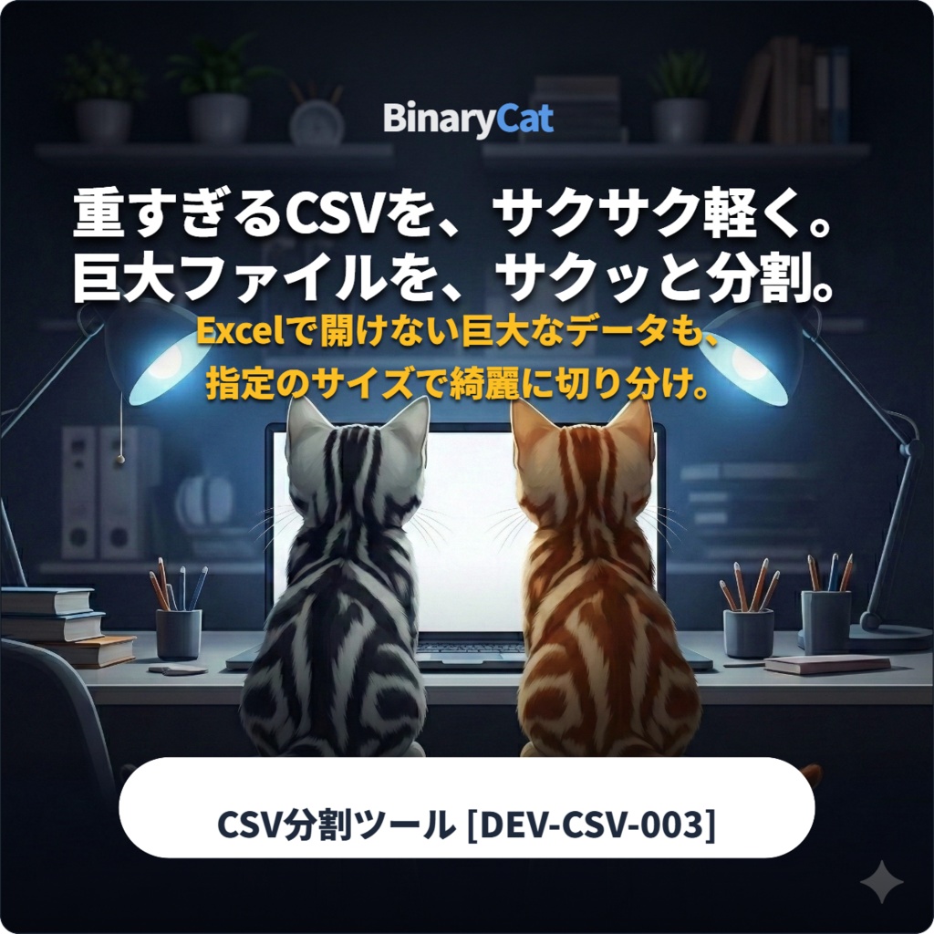 【無料体験版あり】開けない巨大CSVをサクサク分割！ BinaryCat CSV Chopper [DEV-CSV-003]