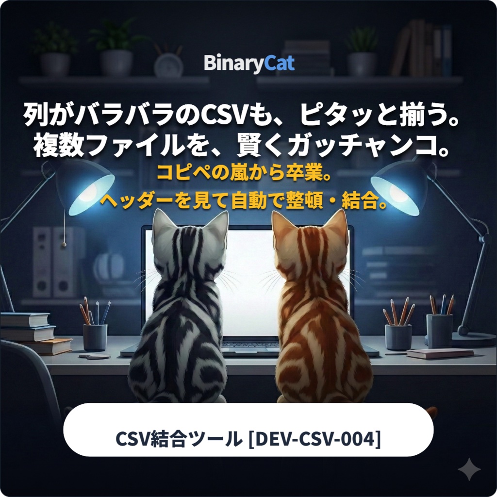 【無料体験版あり】列がバラバラなCSVを自動整頓＆結合！ BinaryCat CSV Merger [DEV-CSV-004]