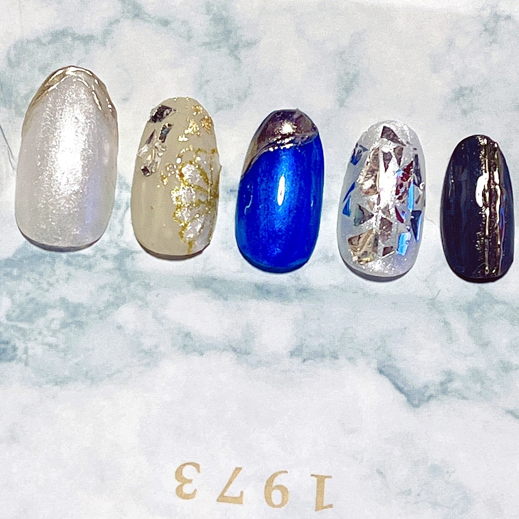 刀剣乱舞風 鶴丸国永モチーフ 刀ミュ 双騎出陣2部衣装イメージネイルチップ ラメネイル きらきら ガラスネイル 和風 推し活 推しネイル