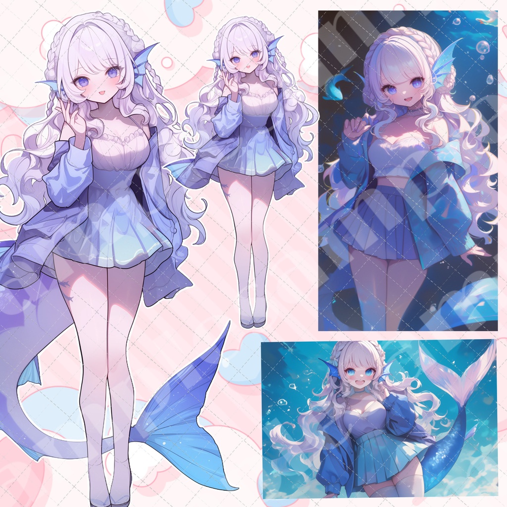 【1点限定】ライトブルーのエレガント人魚ちゃん!立ち絵差分、表情差分、背景付き1枚絵付きの豪華セット!