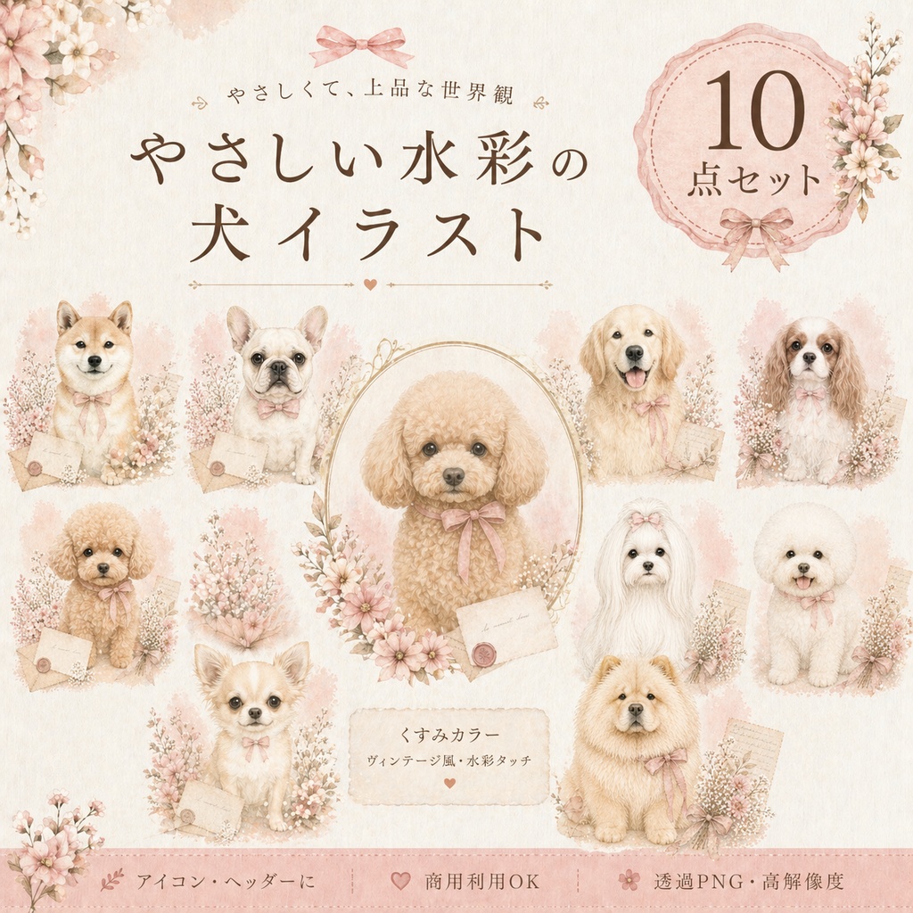犬イラスト10点セット｜水彩・くすみカラー・アイコン素材（商用OK）
