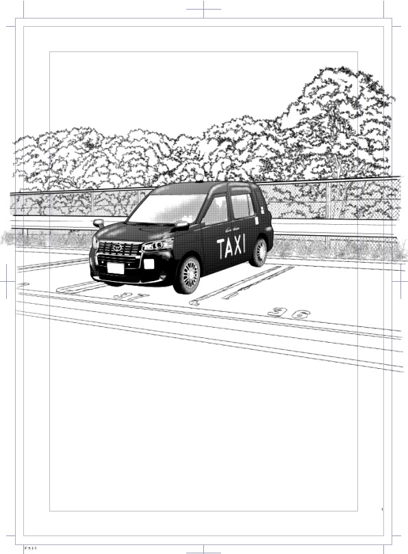 モノクロ漫画向け　タクシー線画①　背景付き
