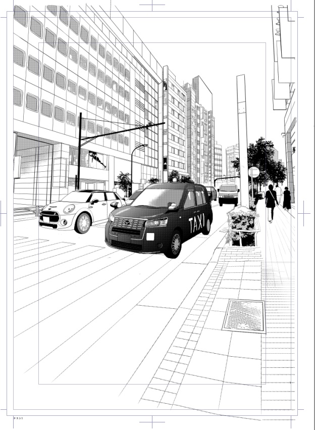 モノクロ漫画向け　タクシー線画③　背景付き