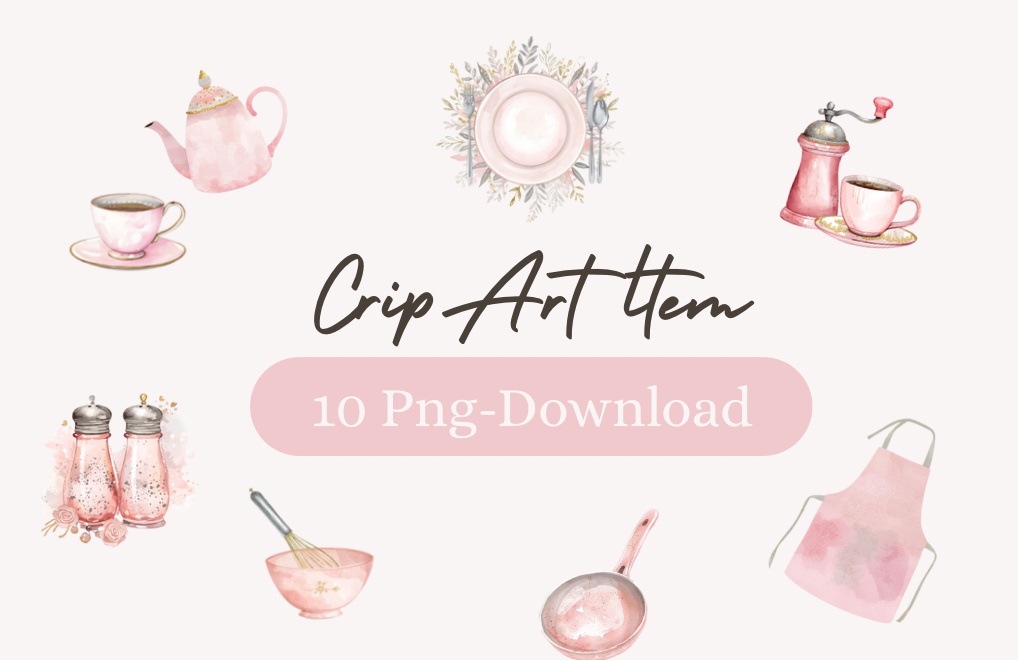 水彩ピンクのキッチンアイテム クリップアートセット(PNG透過・10点)