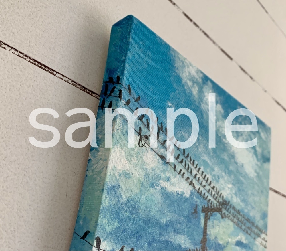 【キャンバス】空、雲、電線、鳥【アクリル絵具】