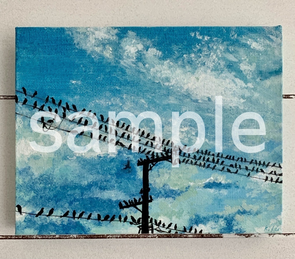 【キャンバス】空、雲、電線、鳥【アクリル絵具】