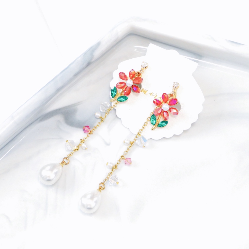 【販売終了】秋奈 ハンドメイド レッド フラワー ドロップパール ピアス イヤリング