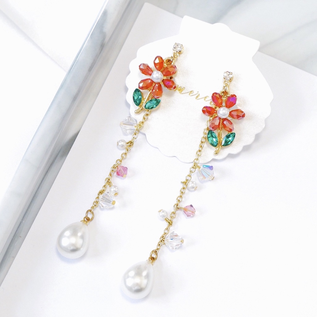 【販売終了】秋奈 ハンドメイド レッド フラワー ドロップパール ピアス イヤリング