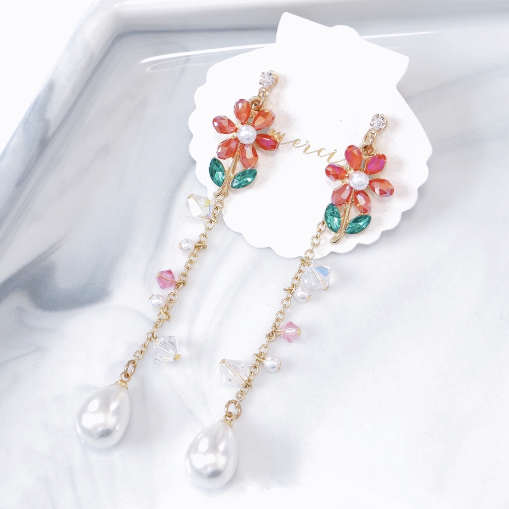 【販売終了】秋奈 ハンドメイド レッド フラワー ドロップパール ピアス イヤリング