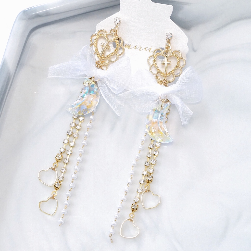 【販売終了】秋奈 ハンドメイド シフォンリボンハートと月のピアス イヤリング