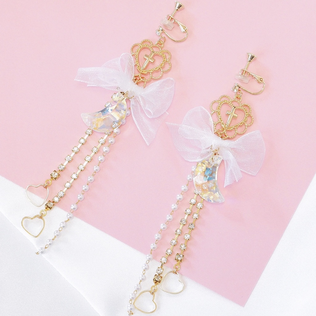 【販売終了】秋奈 ハンドメイド シフォンリボンハートと月のピアス イヤリング