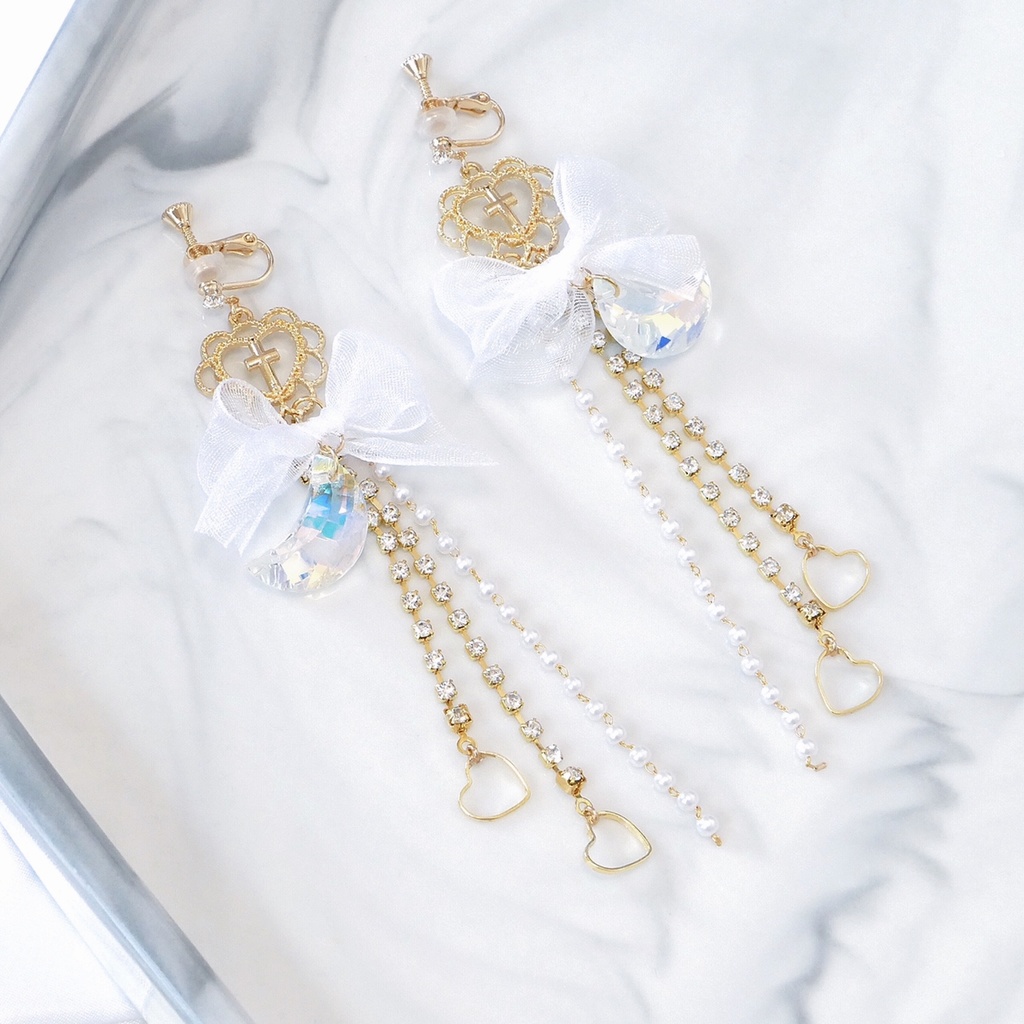 【販売終了】秋奈 ハンドメイド シフォンリボンハートと月のピアス イヤリング