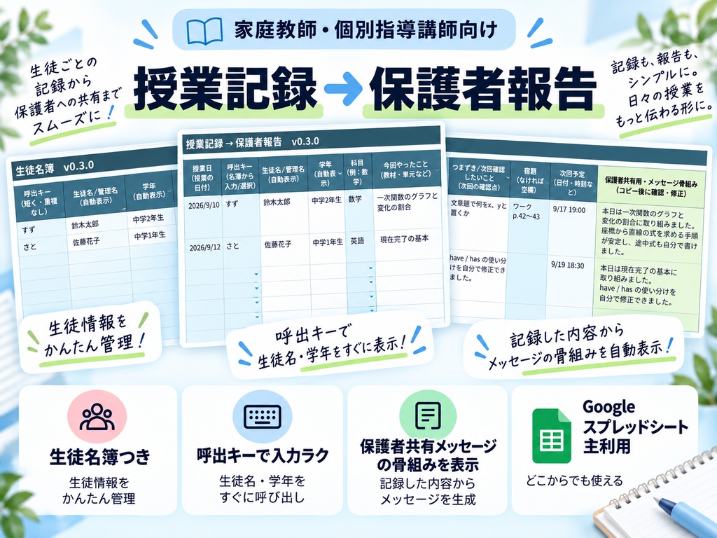 家庭教師・個別指導講師向け｜授業記録→保護者報告テンプレート