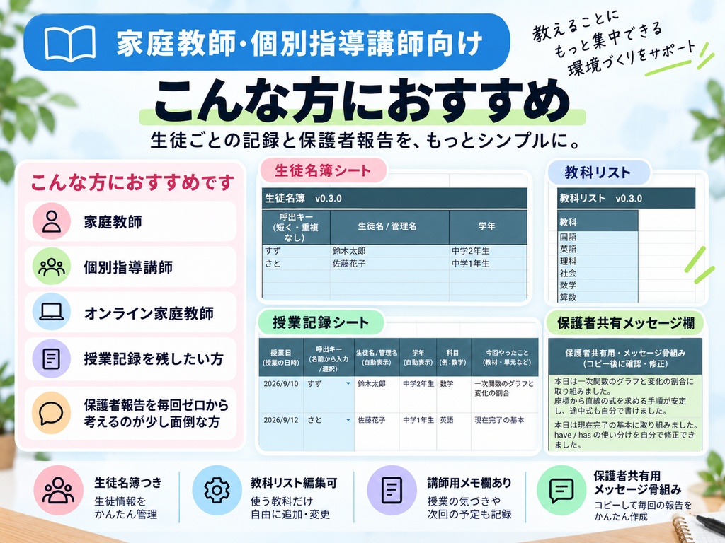 家庭教師・個別指導講師向け|授業記録→保護者報告テンプレート