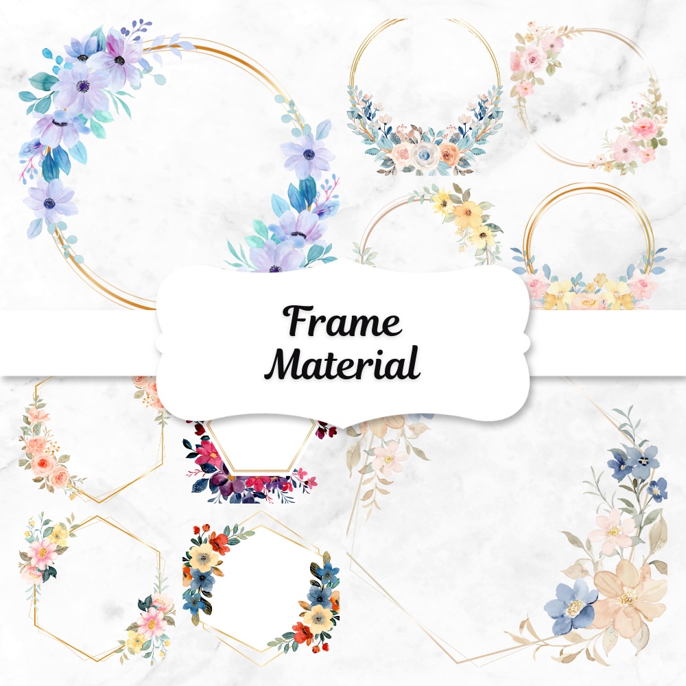 フレーム素材 10枚【ゴールド×水彩フラワー①】