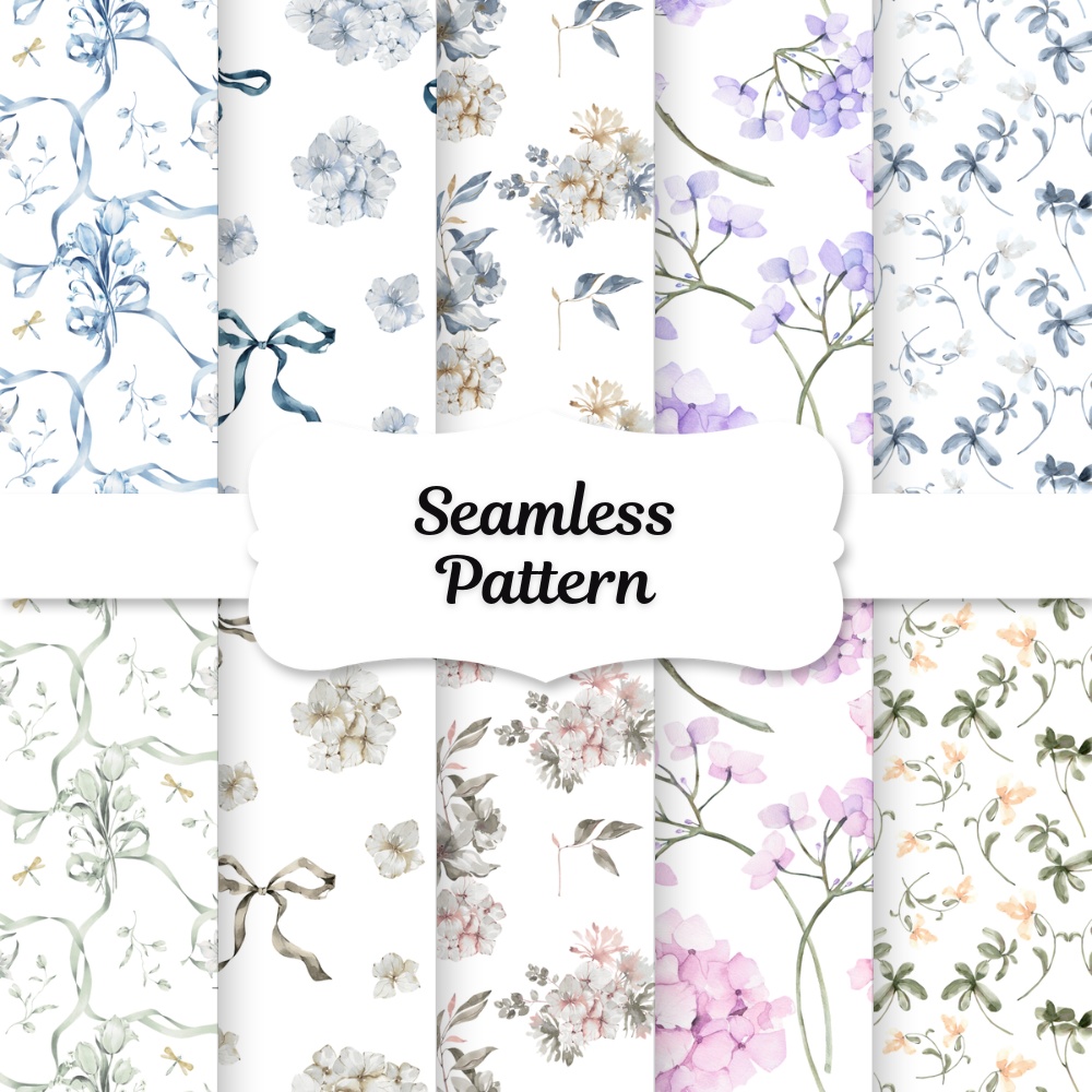 シームレスパターン素材 10枚【水彩花柄③】