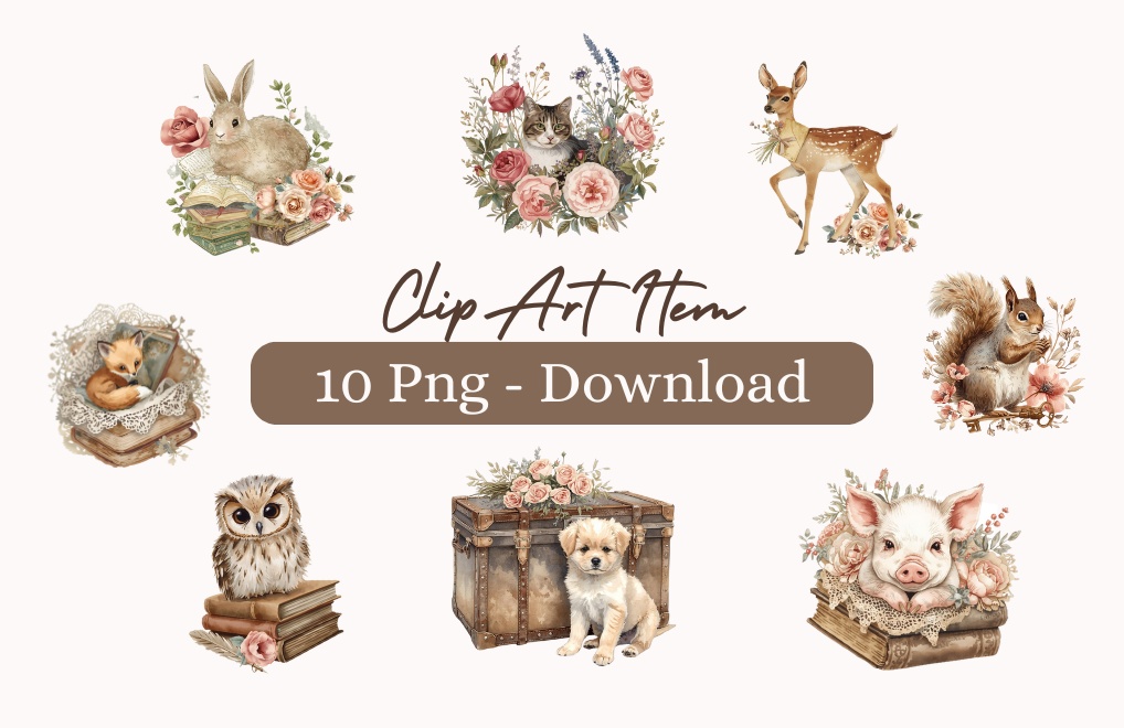 アンティーク風かわいい動物の水彩クリップアート10点セット（PNG・背景透過）