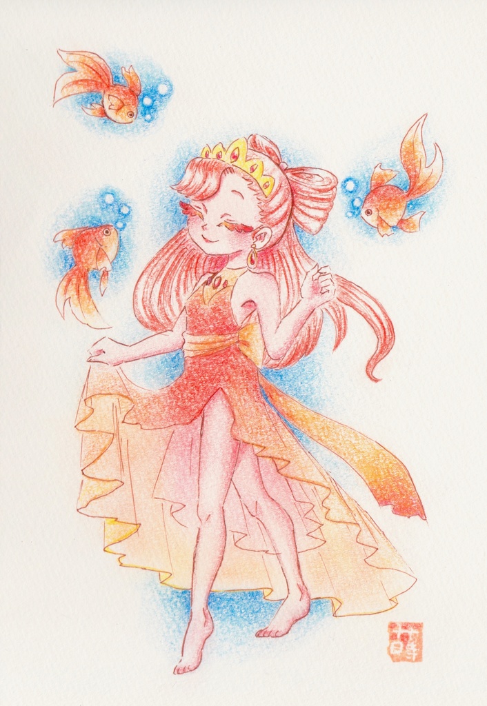 色鉛筆創作イラスト 金魚姫 原画 蒔絵すずり箱 Booth