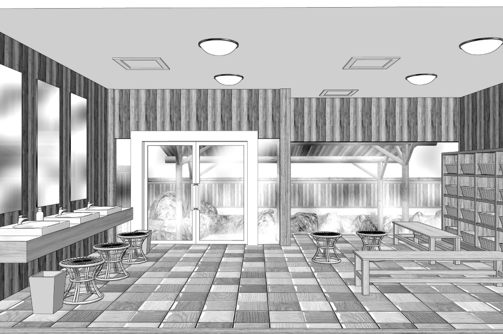 漫画背景　露天風呂脱衣所01