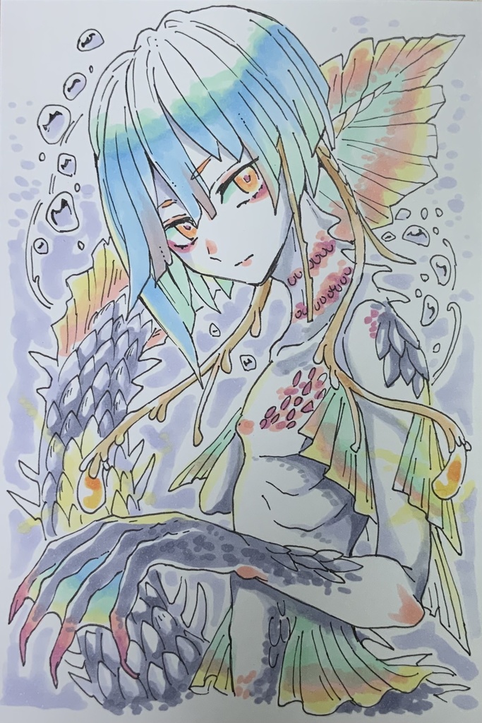 【在庫なし】ハガキサイズ原画　深海の人魚少年
