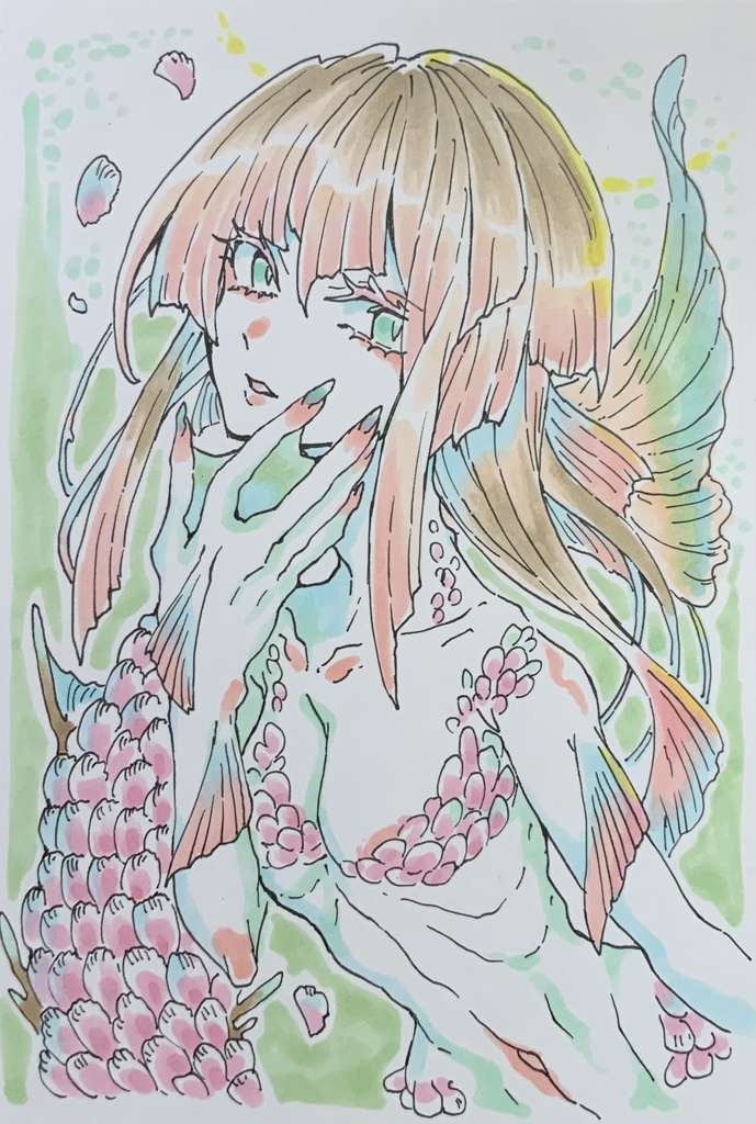 ハガキサイズ原画　水底の桜の人魚少女