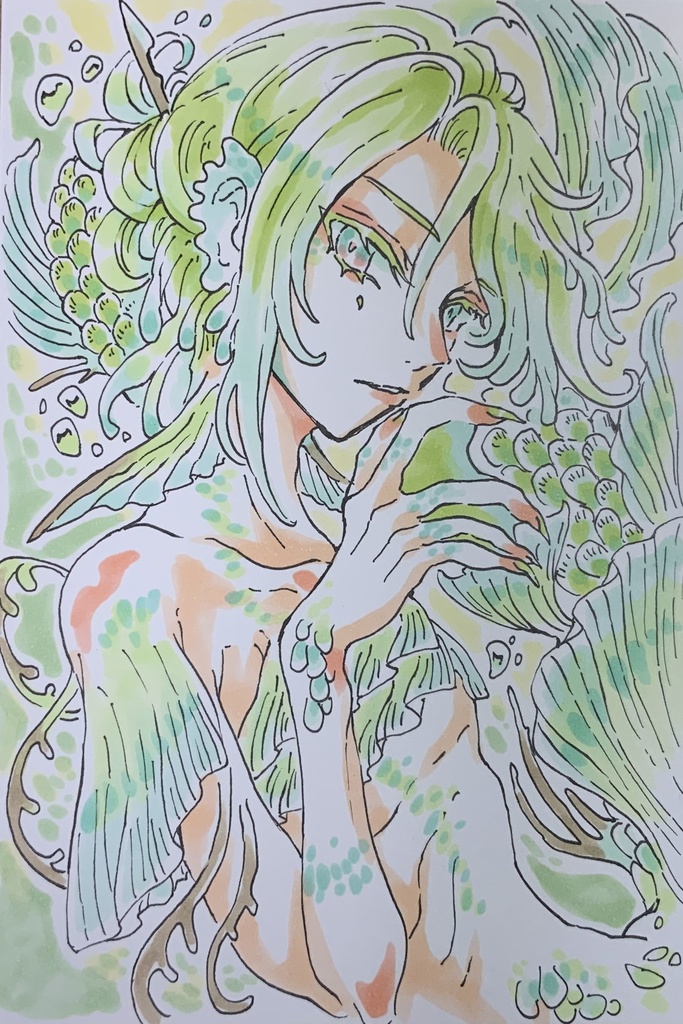 【在庫なし】ハガキサイズ原画　透緑の人魚