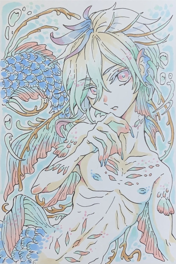 【在庫なし】ハガキサイズ原画　漂光の人魚