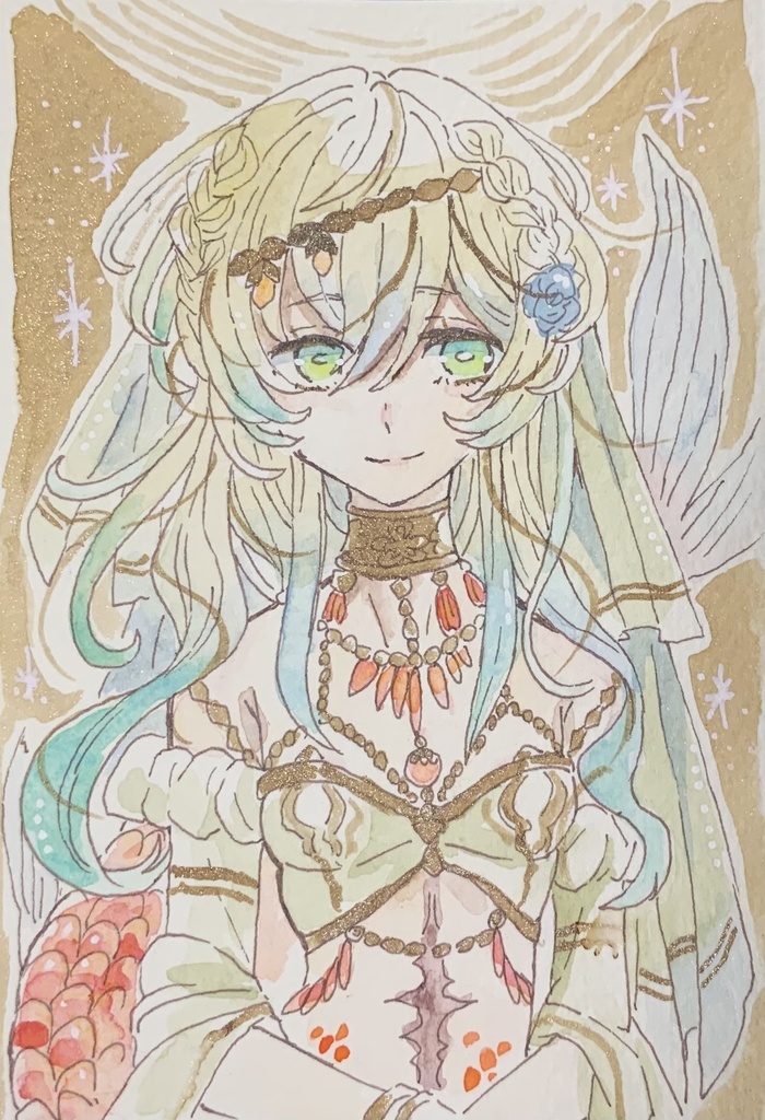 【在庫なし】ハガキサイズ原画　人魚の花嫁