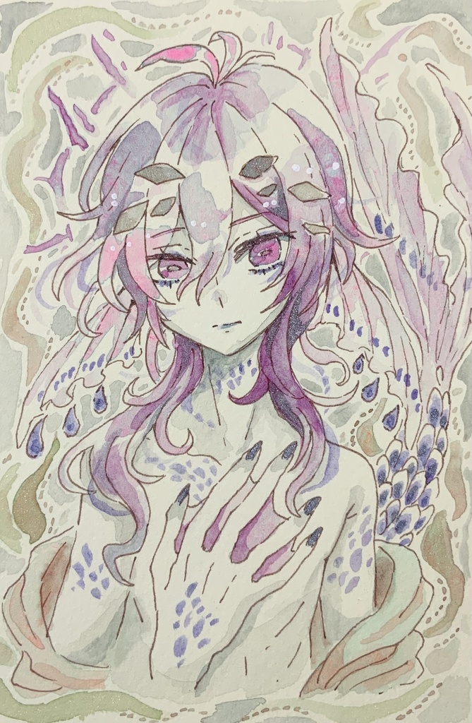 ハガキサイズ原画　幻紫の人魚王子