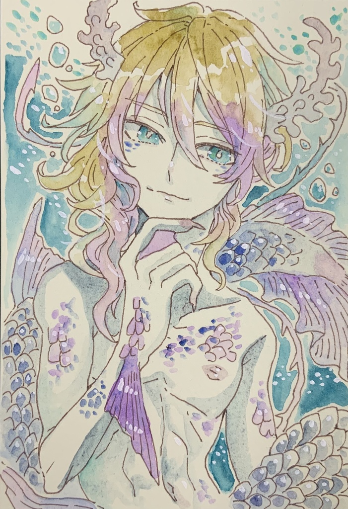 【在庫なし】ハガキサイズ原画　荒海の人魚