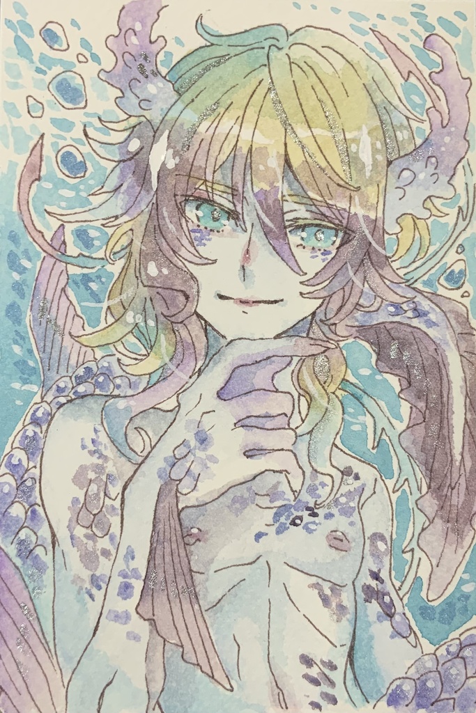 【在庫なし】ハガキサイズ原画　荒海の人魚Re