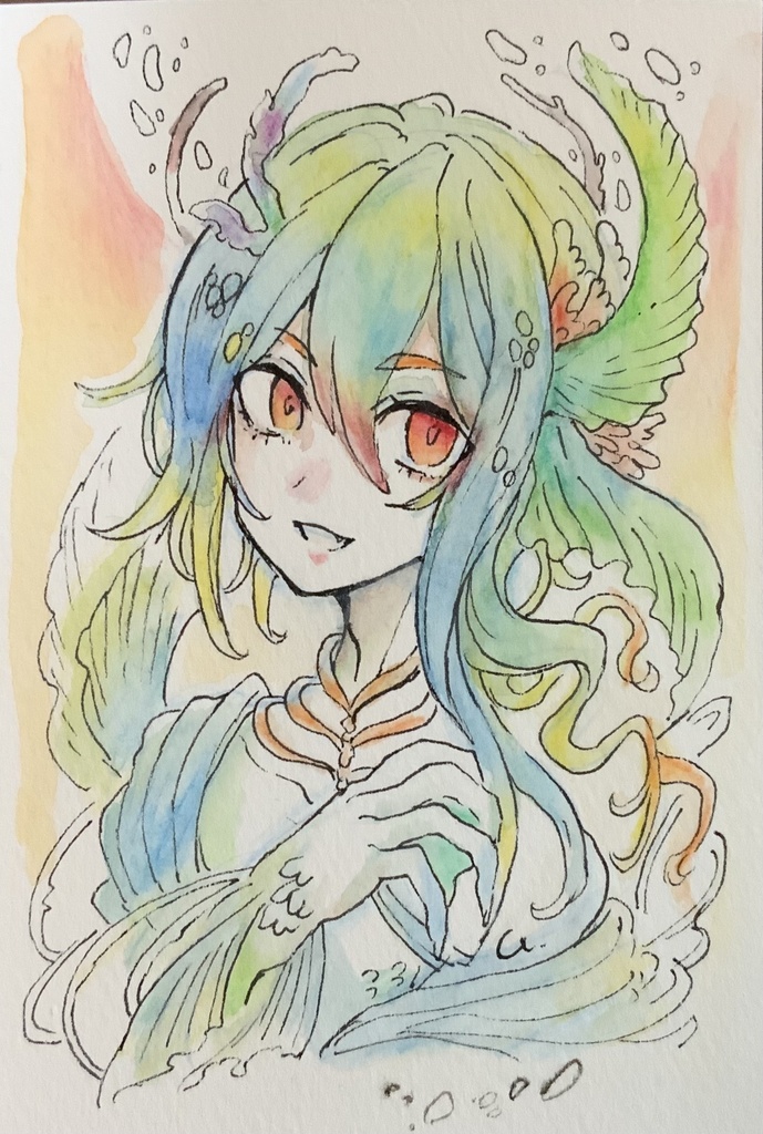 【あんしんパック】ハガキサイズ原画「深海の魚竜」