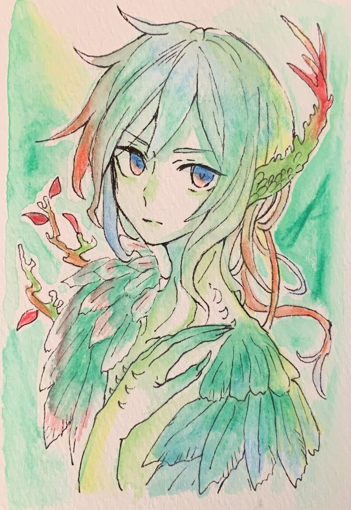 【あんしんパック】ハガキサイズ原画「深林の碧き翼竜」