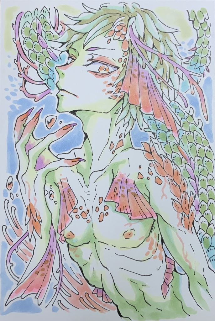 【あんしんパック】ハガキサイズ原画「野生の人魚少年」