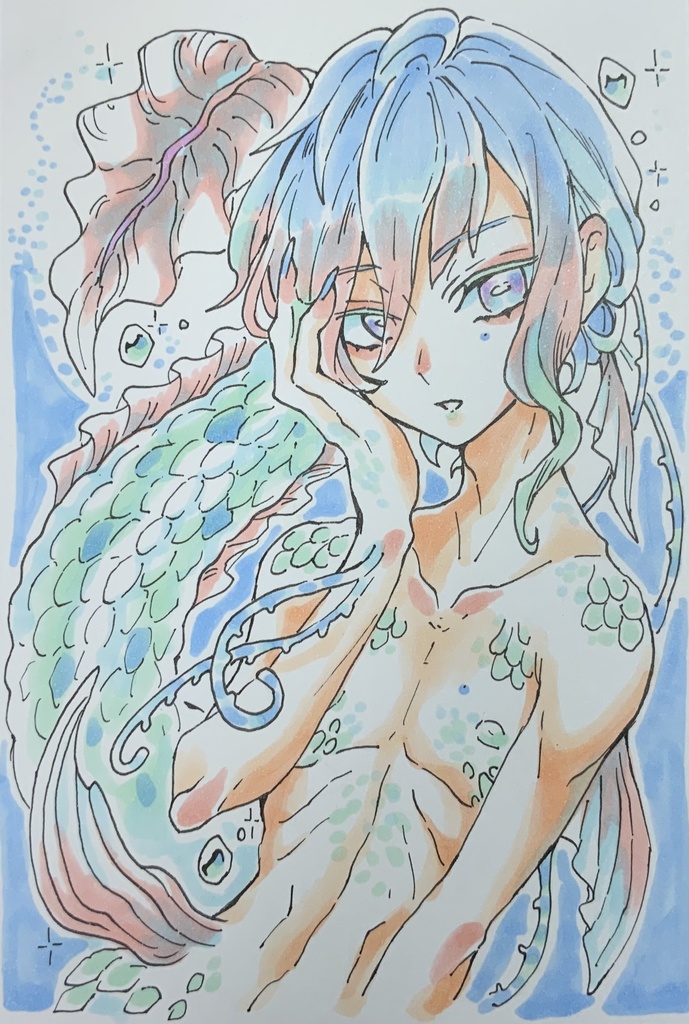 【あんしんパック】ハガキサイズ原画「ロマンチックな人魚少年」