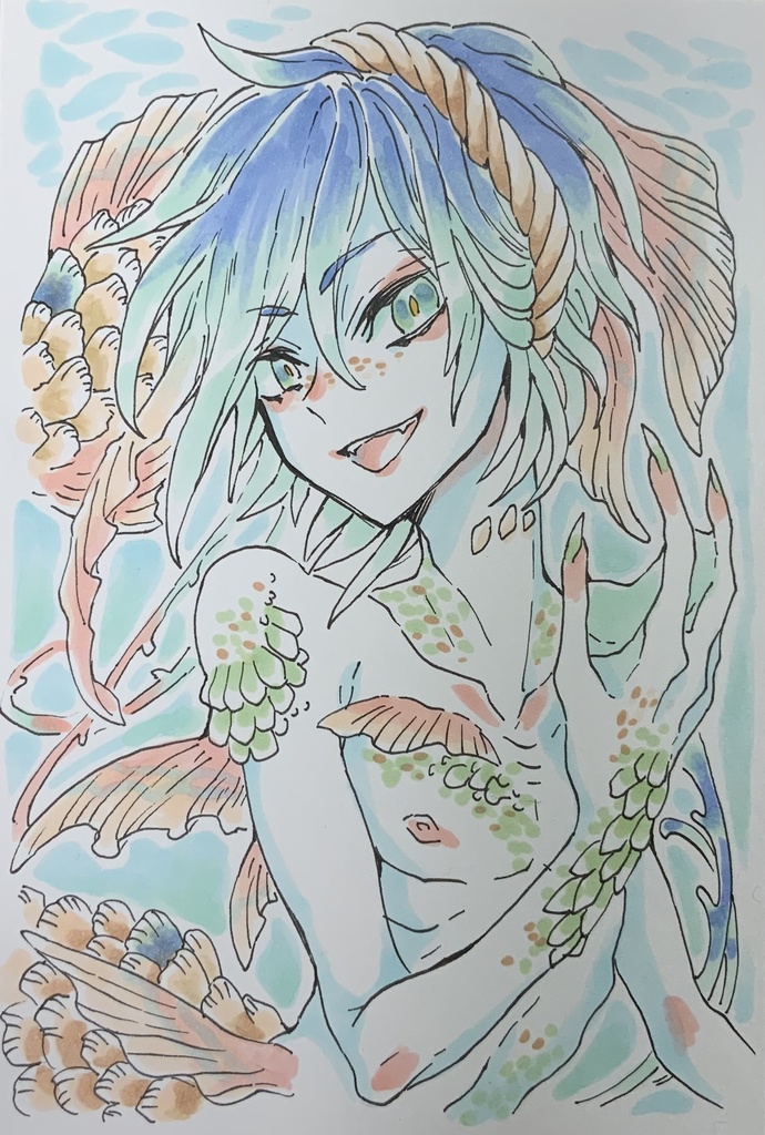 【あんしんパック】ハガキサイズ原画「浅瀬の貝殻の人魚」