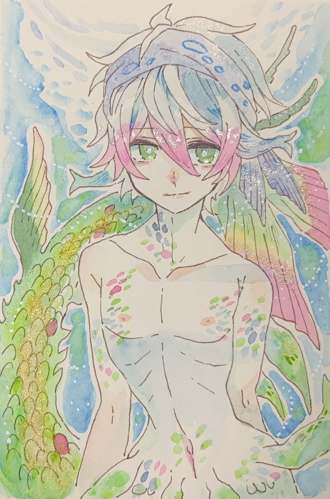 【あんしんパック】ハガキサイズ原画「静碧の人魚王子」