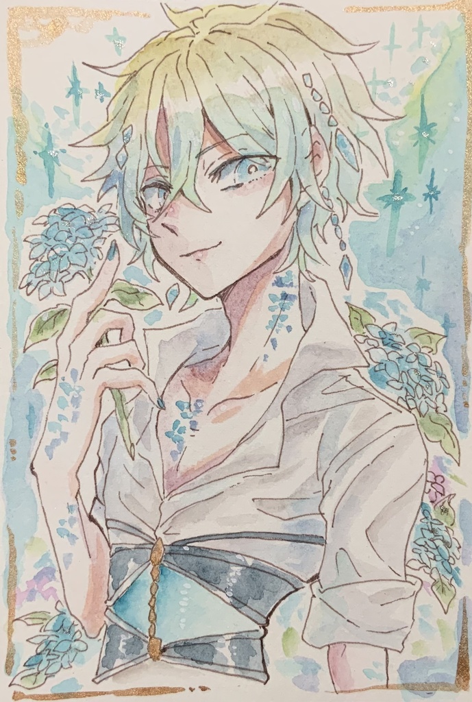 【あんしんパック】ハガキサイズ原画「紫陽花サヤハくん」