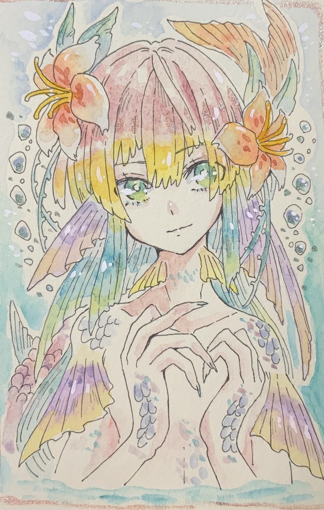 【在庫なし】ハガキサイズ原画「南洋の人魚」