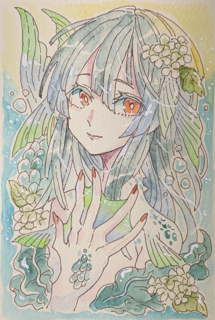 【あんしんパック】ハガキサイズ原画「白紫陽花の人魚」