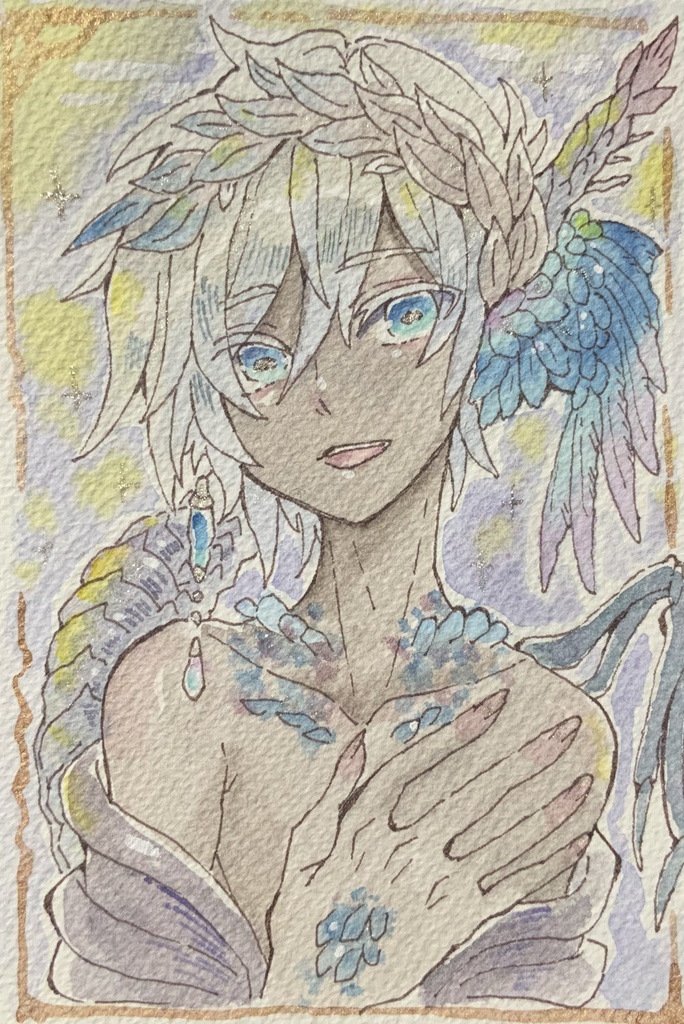 【在庫なし】ハガキサイズ原画「蒼骨の銀葉竜プレスト」