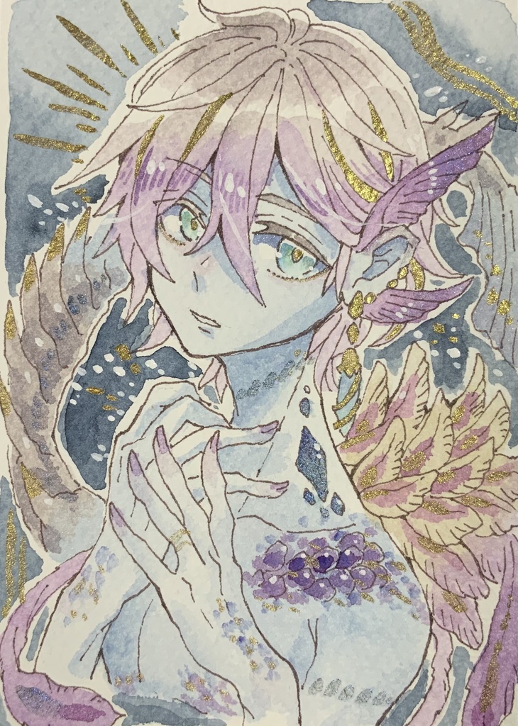 【在庫なし】ハガキサイズ原画「暗結晶の花婿竜」