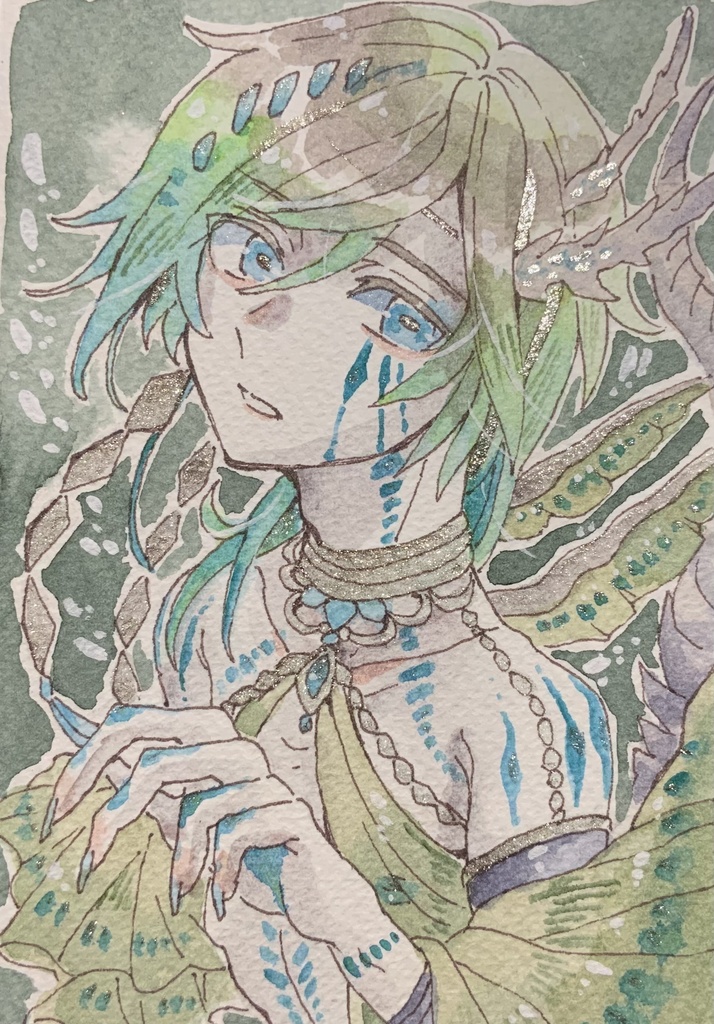 【在庫なし】ハガキサイズ原画「翠膜の養竜」