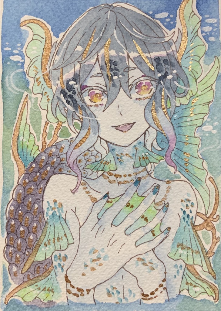 【あんしんパック】ハガキサイズ原画「輝く深淵の誘い鰭」