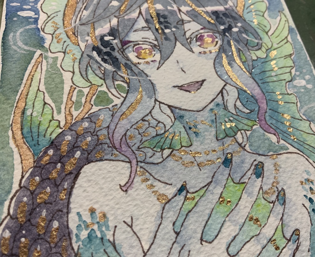 【あんしんパック】ハガキサイズ原画「輝く深淵の誘い鰭」