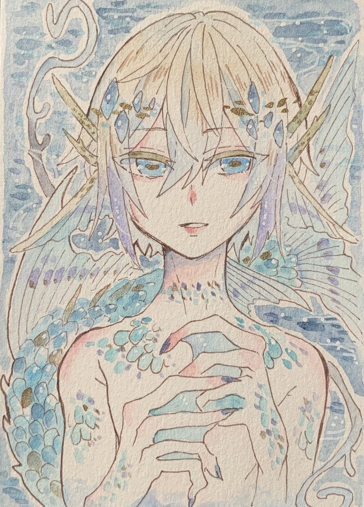 【在庫なし】ハガキサイズ原画「白亜の鱗魚」